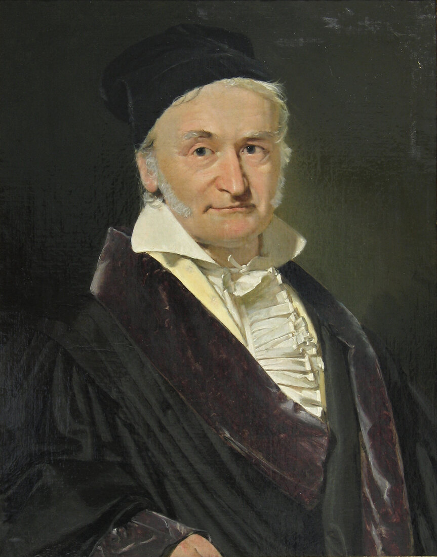 Retrato a óleo de Carl Friedrich Gauss, de casaco escuro e barrete, pintado por Christian Albrecht Jensen em 1840.