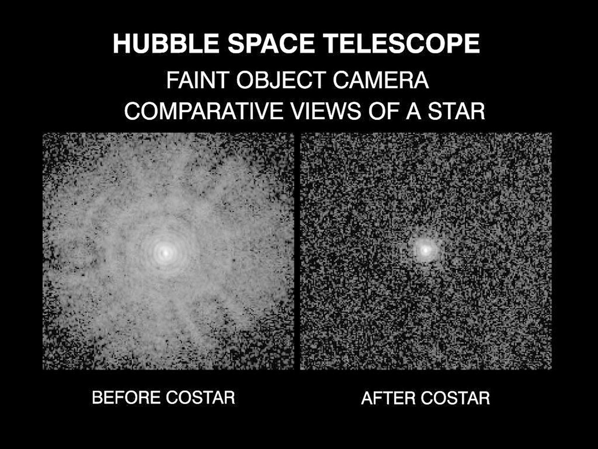 Duas imagens da mesma estrela feitas pela Faint Object Camera: à esquerda, antes do COSTAR, a luz espalha-se num halo largo; à direita, depois do COSTAR, concentra-se num ponto pequeno.